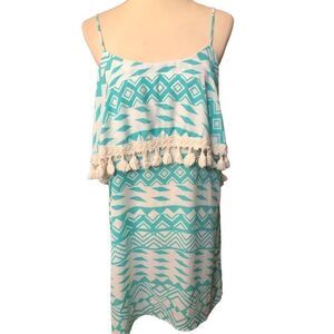 CL22 Aztec southwestern spaghetti strap sundress in turquoise and white, top wit
